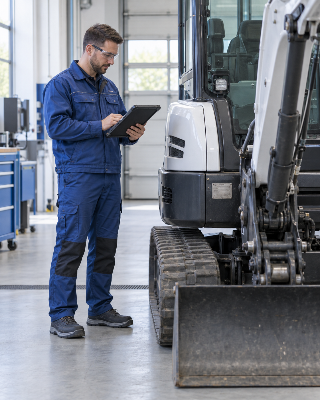 Illustration of a technician recording an equipment service request on a tablet